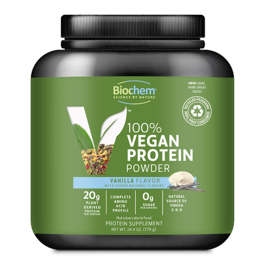 100% vegan protein powder, 20 g plant derived protein, 0 g of sugar, vanilla flavor, 24.4 oz., 100% PCR packaging.