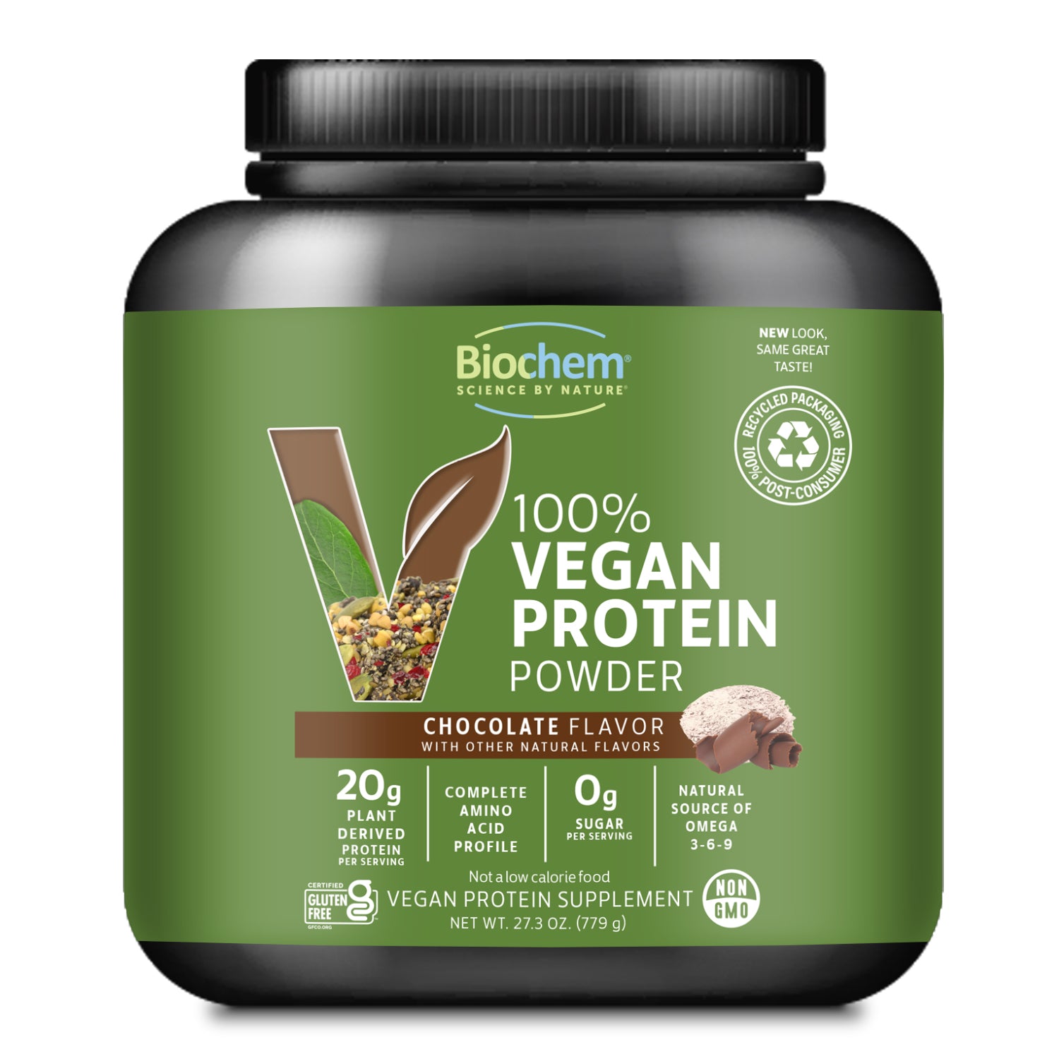 100% vegan protein powder, 27.3 oz, chocolate flavor, 100% PCR packaging, 20 g plant derived protein, 0 g of sugar, non-GMO, gluten free.
