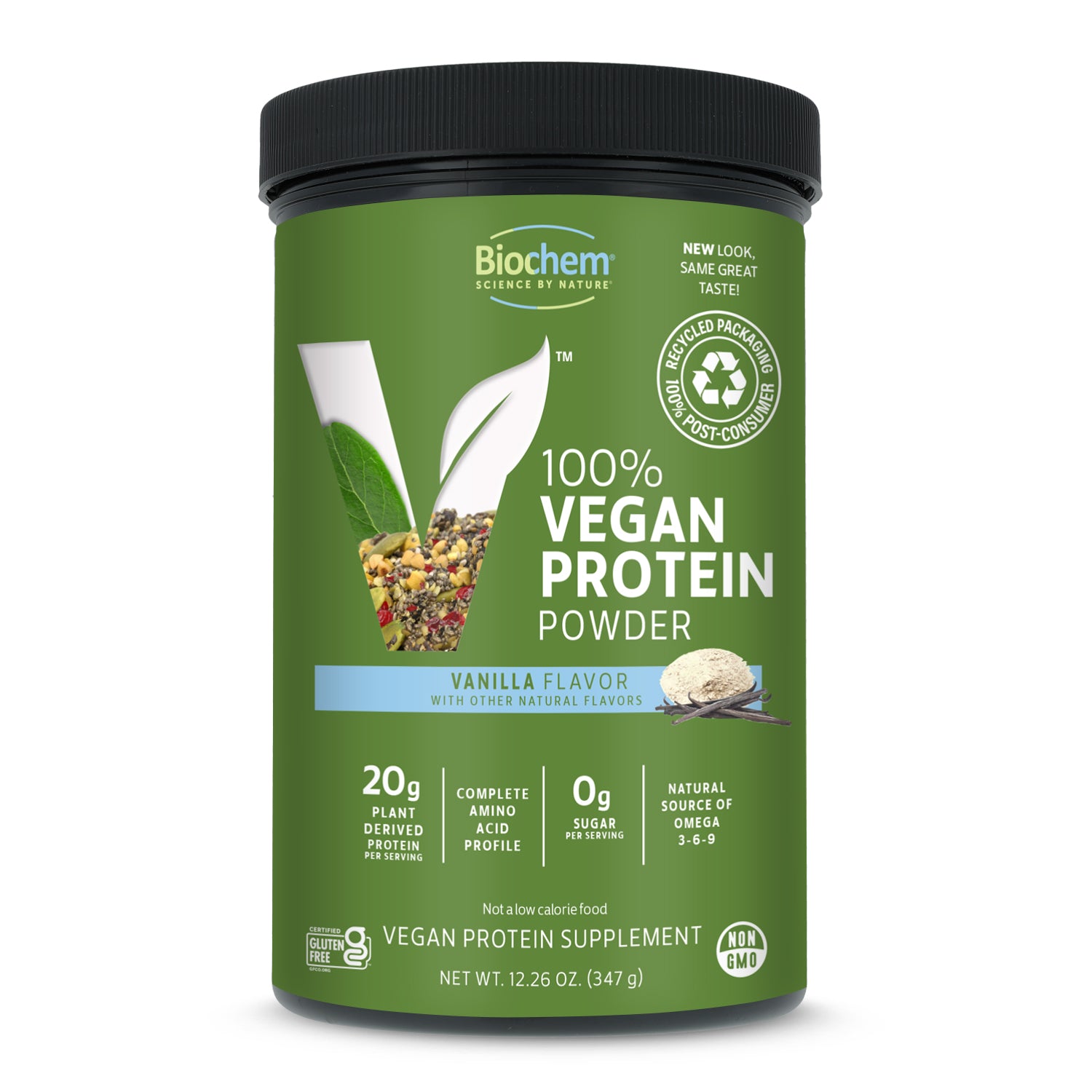 100% vegan protein powder, 20 g plant derived protein, 0 g of sugar, vanilla flavor, 12.26 oz., 100% PCR packaging.