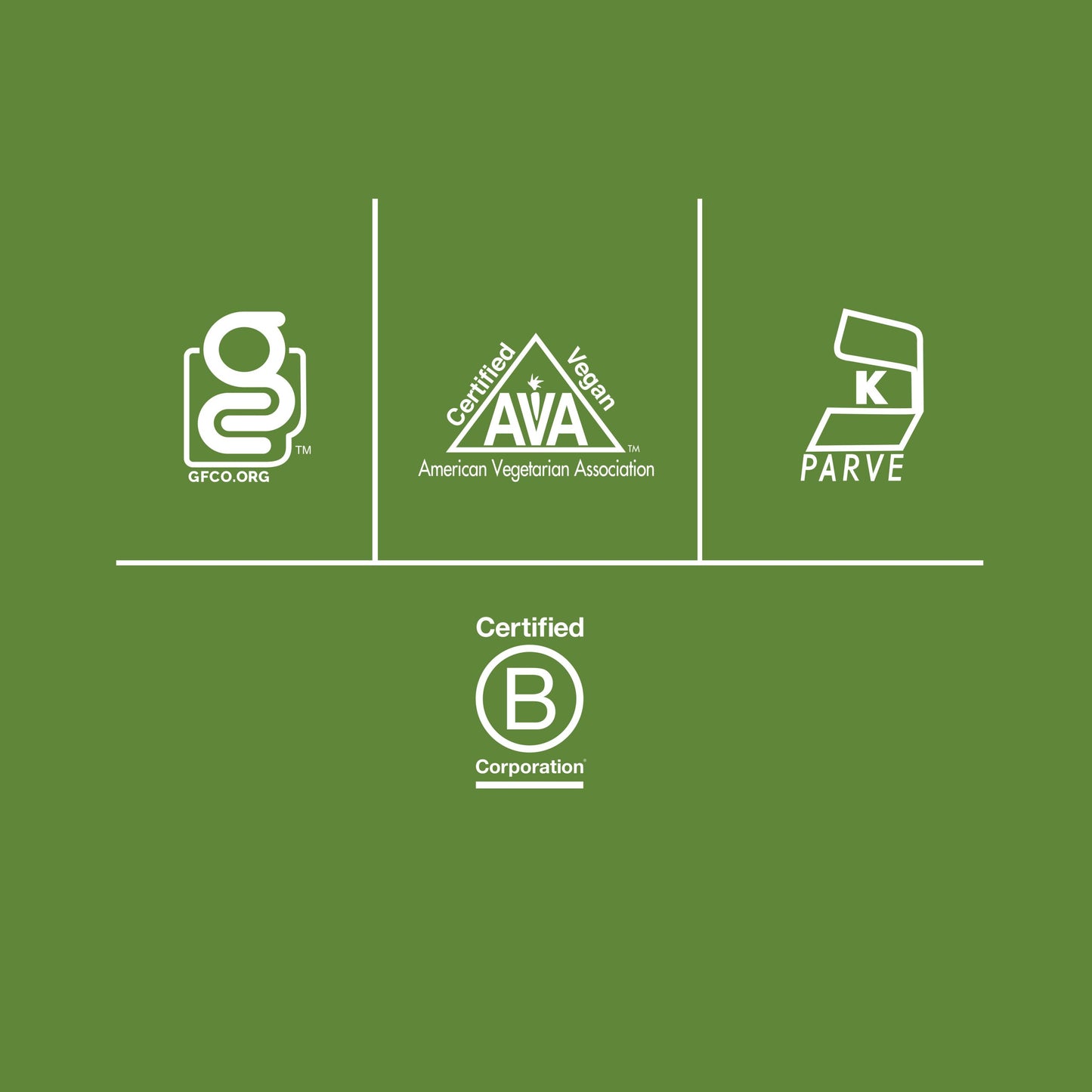 gluten free, vertified vegan, kosher parve, certified b corp