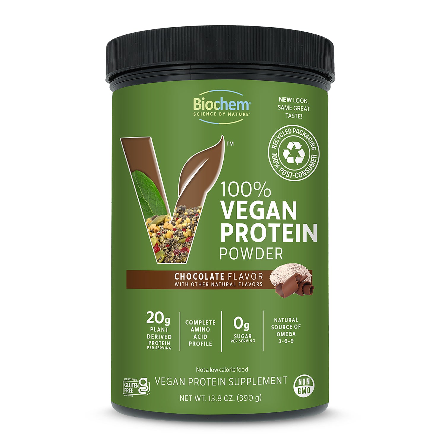 100% vegan protein powder, 13.8 oz, chocolate flavor, 100% PCR packaging, 20 g plant derived protein, 0 g of sugar, non-GMO, gluten free.