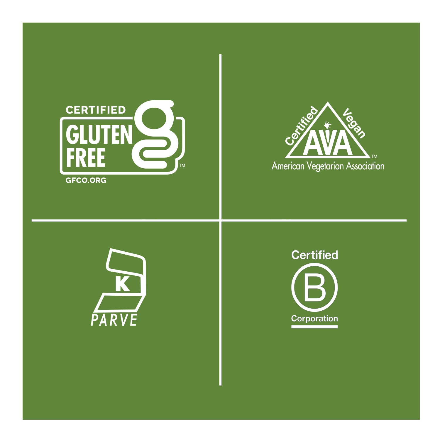 gluten free, certified vegan, kosher parve, certified b corp