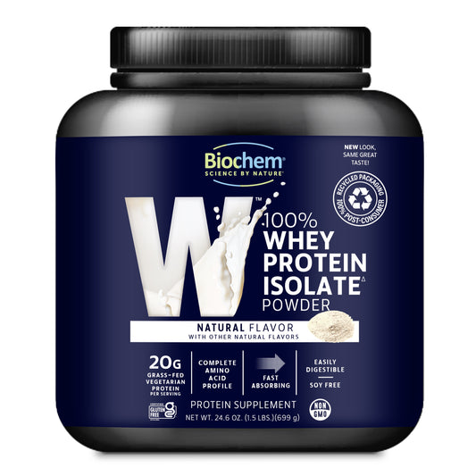 Biochem whey protein isolate powder container on a white background