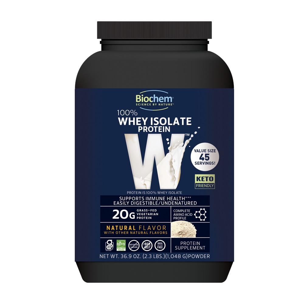 A container of Biochem 100% Isolate Protein Whey Protein in Natural Flavor, supporting immune health, with 20g of protein per serving, net weight 30g.