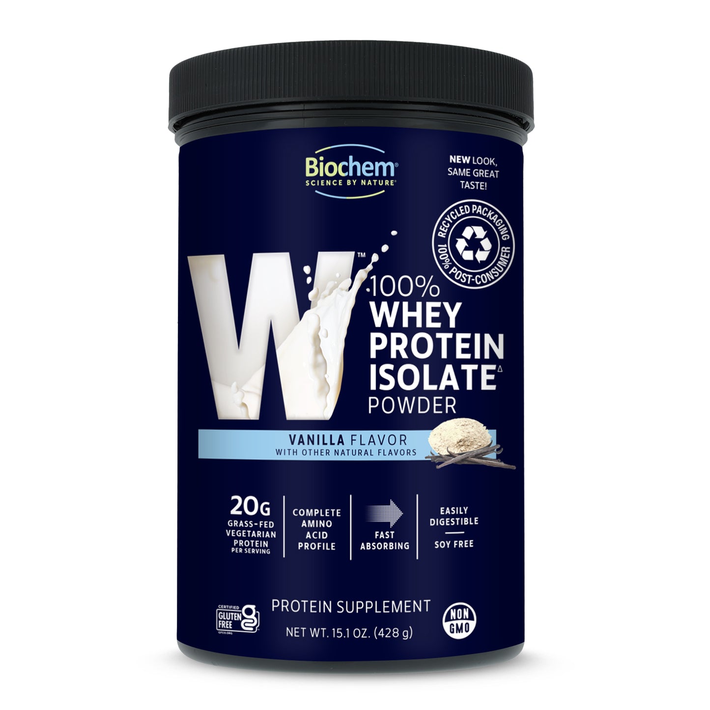 100% whey protein isolate powder, in vanilla flavor, 15.1 oz, PCR packaging, 20 g grass-fed vegetarian protein, non-gmo.