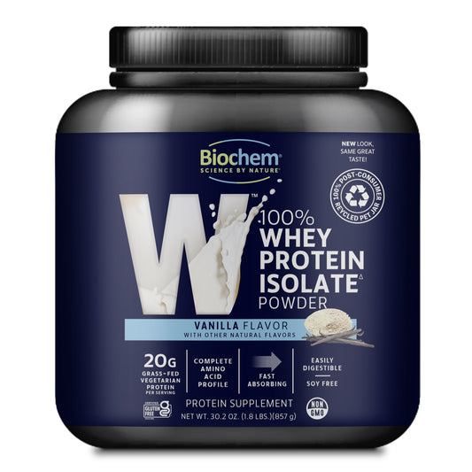100% whey protein isolate powder, in vanilla flavor, 30.2 oz, PCR packaging, 20 g grass-fed vegetarian protein, non-gmo.
