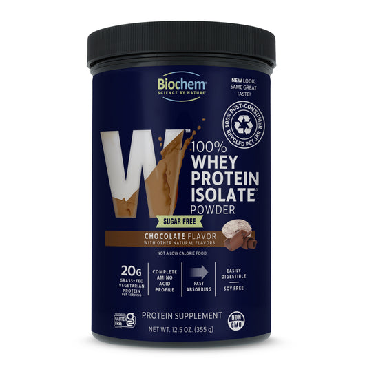 100% sugar free whey protein isolate powder, chocolate flavor, 12.5 oz. gluten free, non-GMO, 100% PCR packaging.