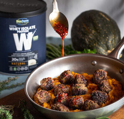 Meatballs on Leek &amp; Winter Squash Mash with Spiced Browned Butter