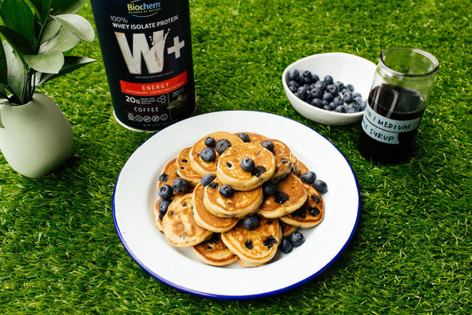 Protein Packed Mini Blueberry Espresso Pancakes