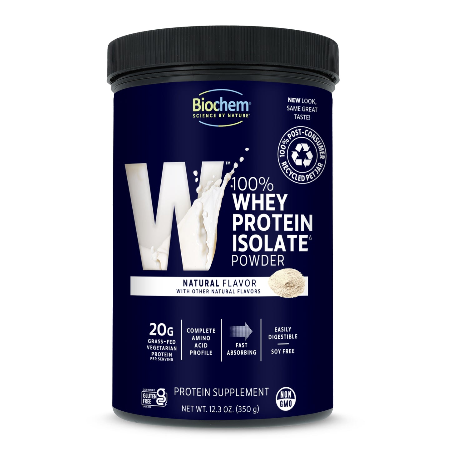 Biochem 100% Whey Protein Isolate Powder container on a white background