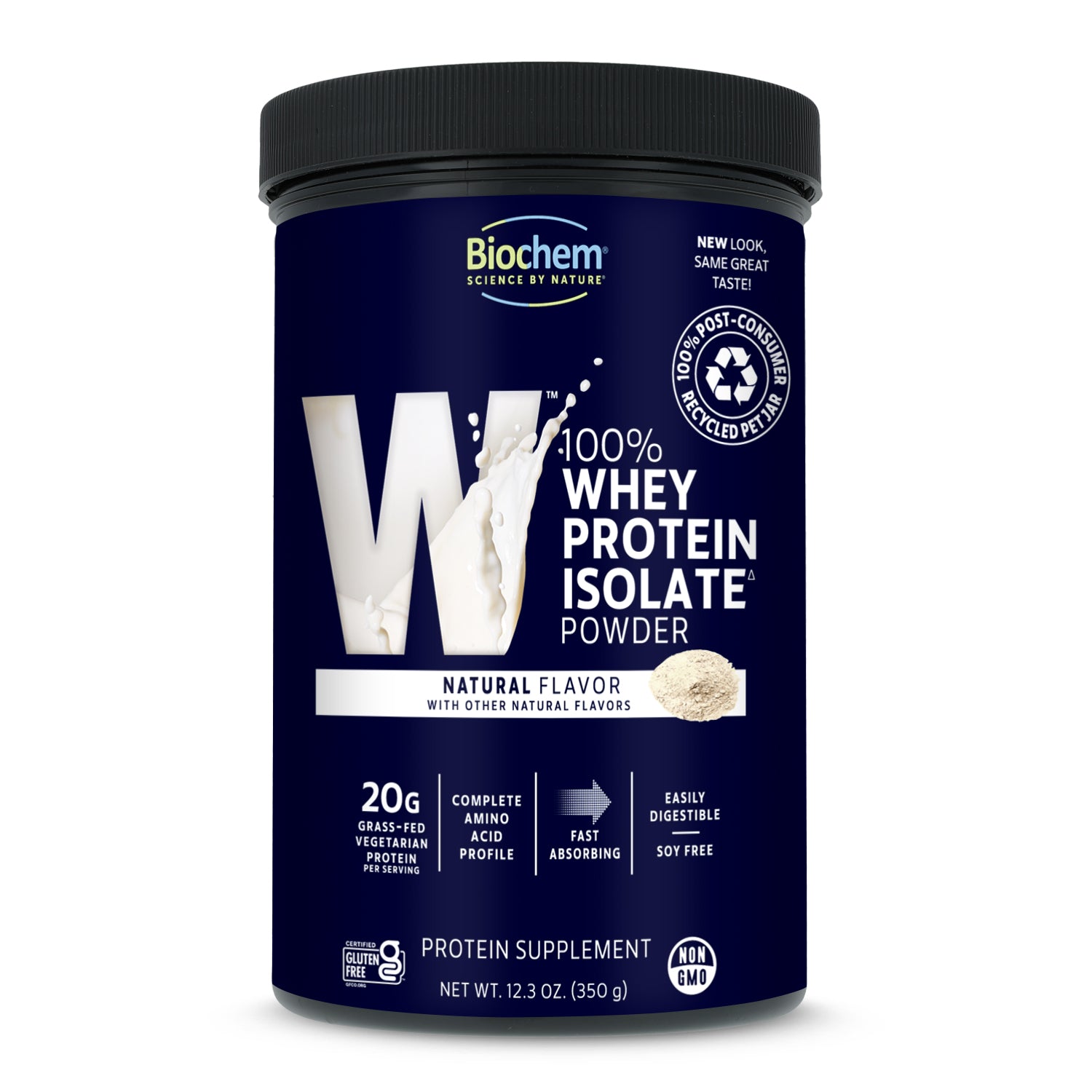 Biochem 100% Whey Protein Isolate Powder container on a white background