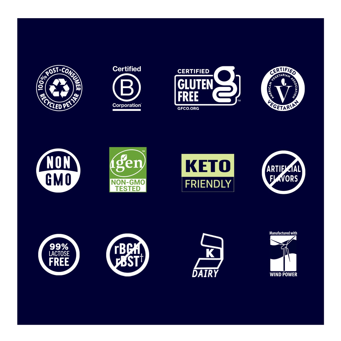 Collection of various certification logos on a dark blue background
