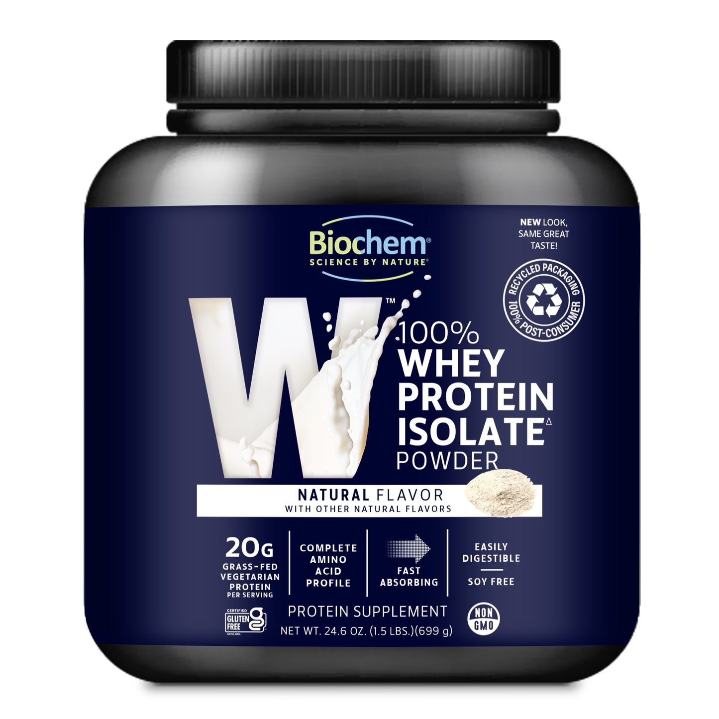 Biochem whey protein isolate powder container on a white background
