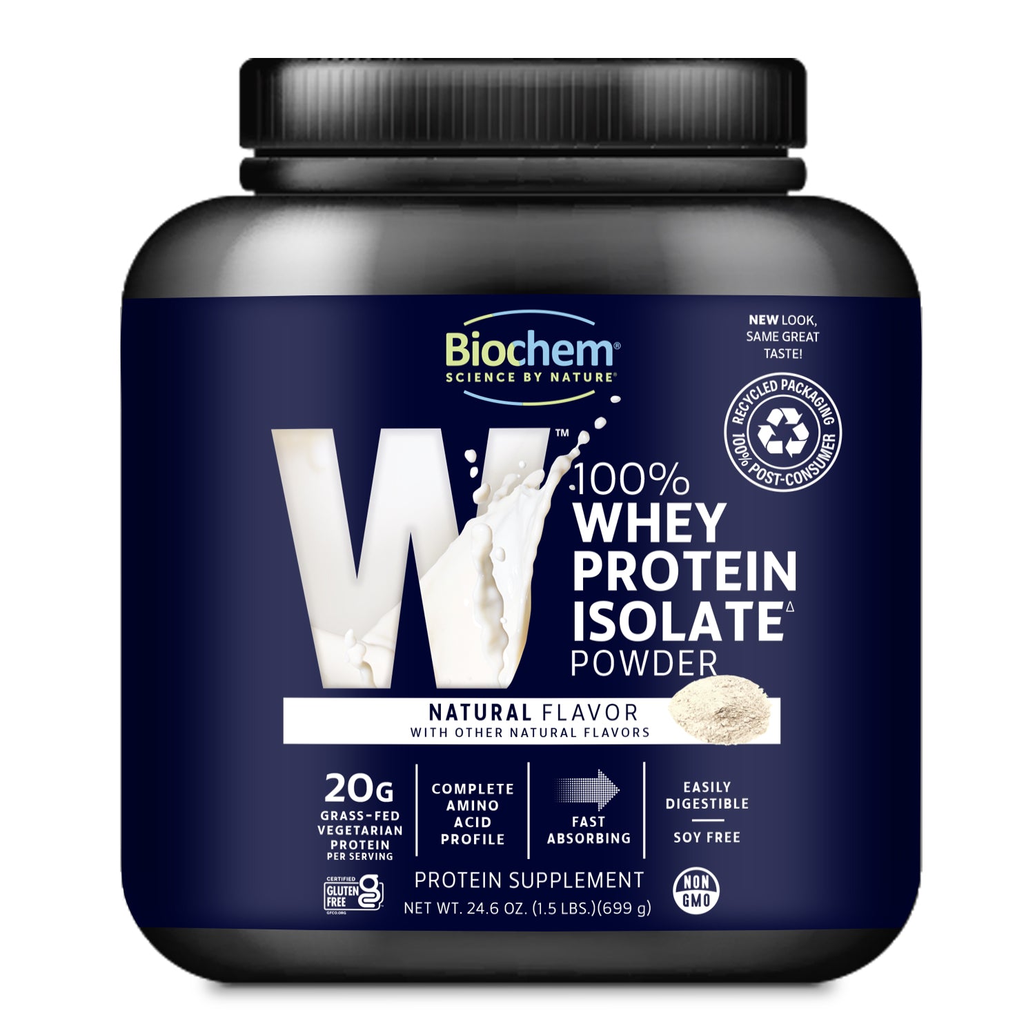 Biochem whey protein isolate powder container on a white background