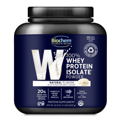 Biochem whey protein isolate powder container on a white background