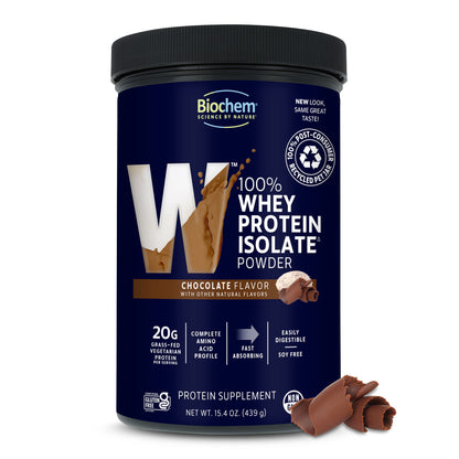 100% whey protein isolate powder, chocolate flavor, 15.4 oz. gluten free, non-GMO, 100% PCR packaging.