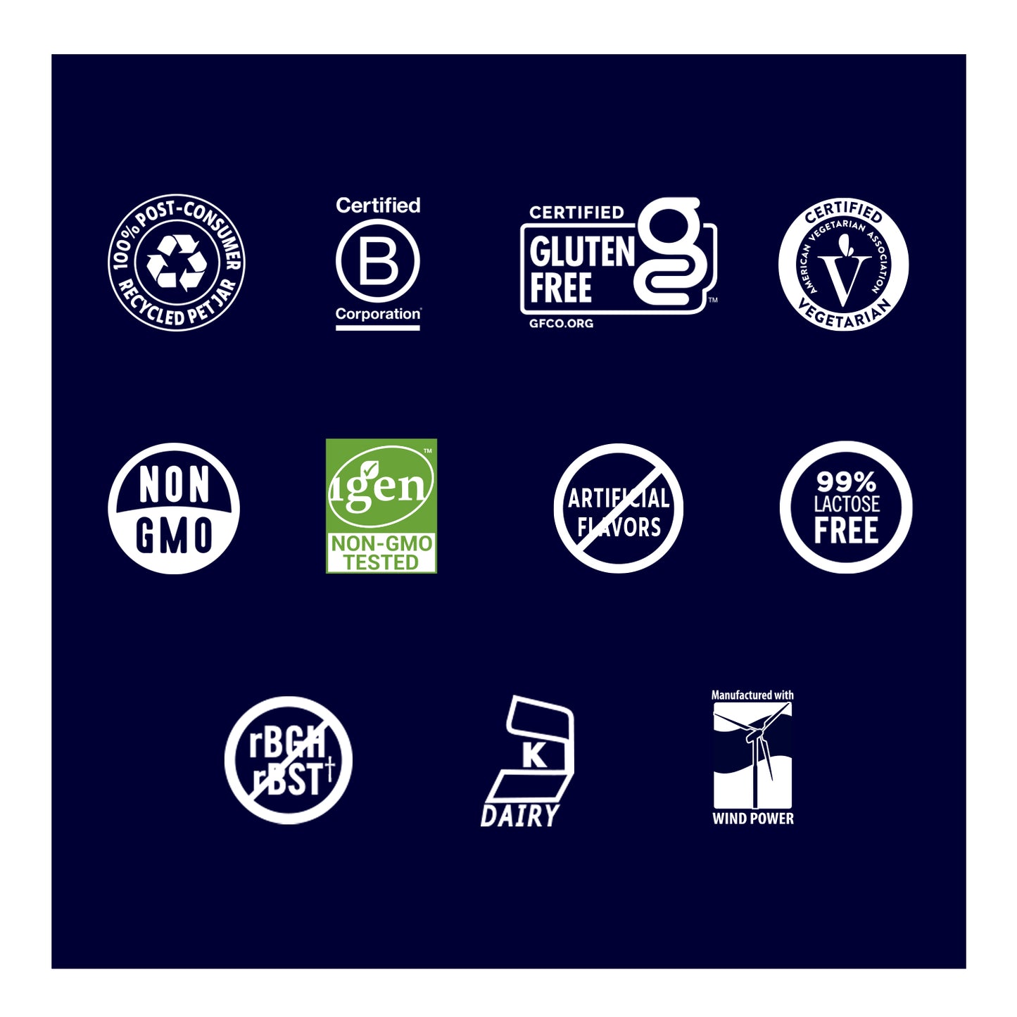 Collection of various certification logos on a blue background