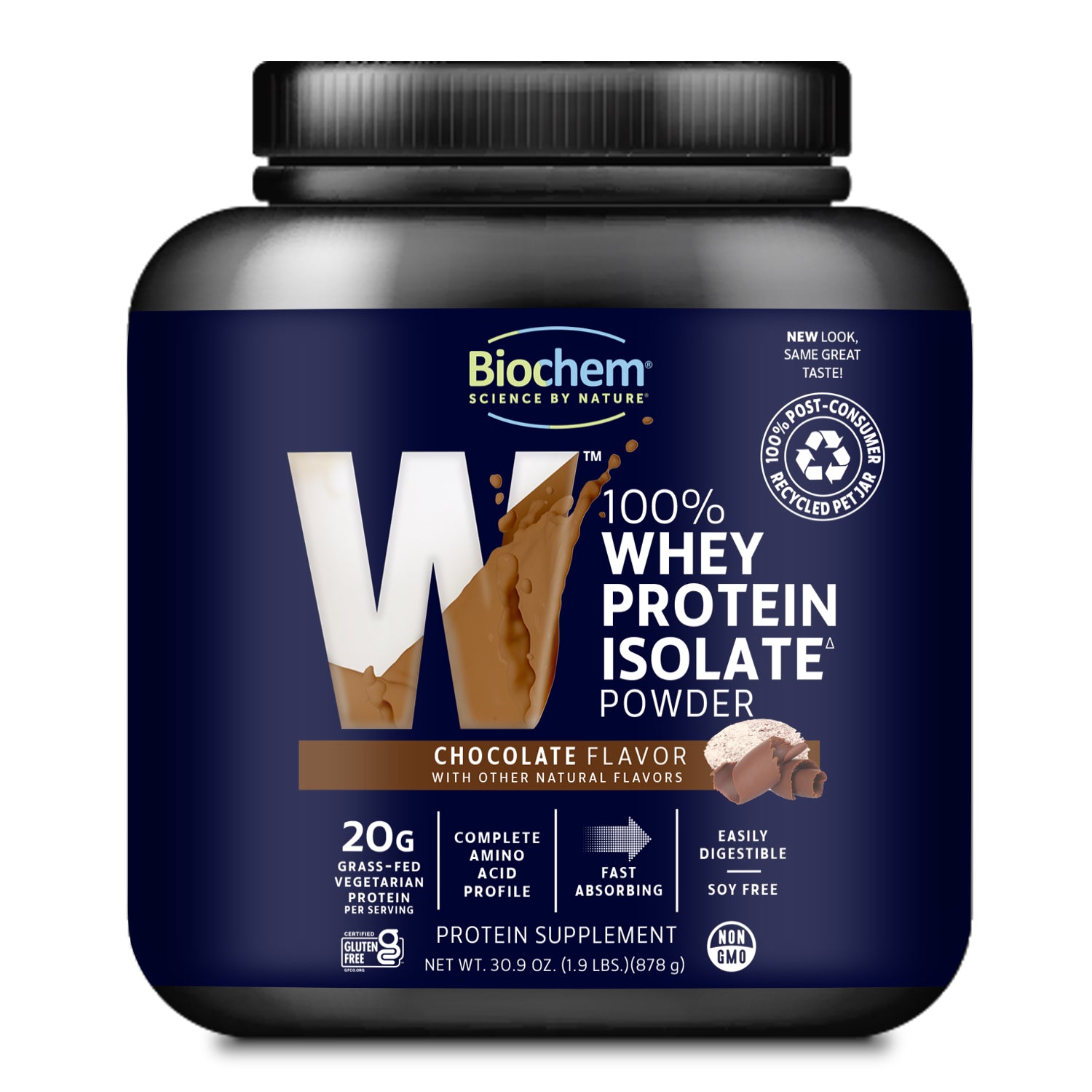100% whey protein isolate powder, chocolate flavor, 30.9 oz. gluten free, non-GMO, 100% PCR packaging.