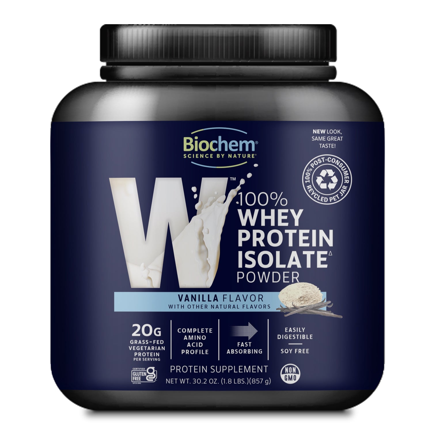 100% whey protein isolate powder, in vanilla flavor, 30.2 oz, PCR packaging, 20 g grass-fed vegetarian protein, non-gmo.
