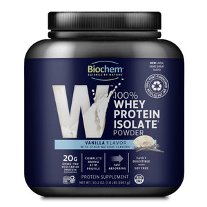 100% whey protein isolate powder, in vanilla flavor, 30.2 oz, PCR packaging, 20 g grass-fed vegetarian protein, non-gmo.