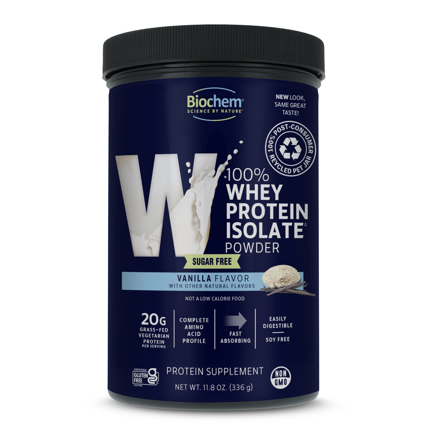 100% whey protein isolate powder, sugar free, in vanilla flavor, 11.8 oz, PCR packaging, 20 g grass-fed vegetarian protein, non-gmo.