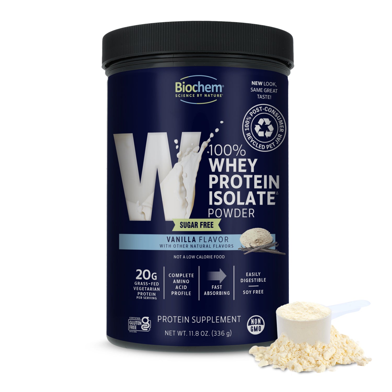 100% whey protein isolate powder, sugar free, in vanilla flavor, 11.8 oz, PCR packaging, 20 g grass-fed vegetarian protein, non-gmo, with protein powder in scooper at bottom