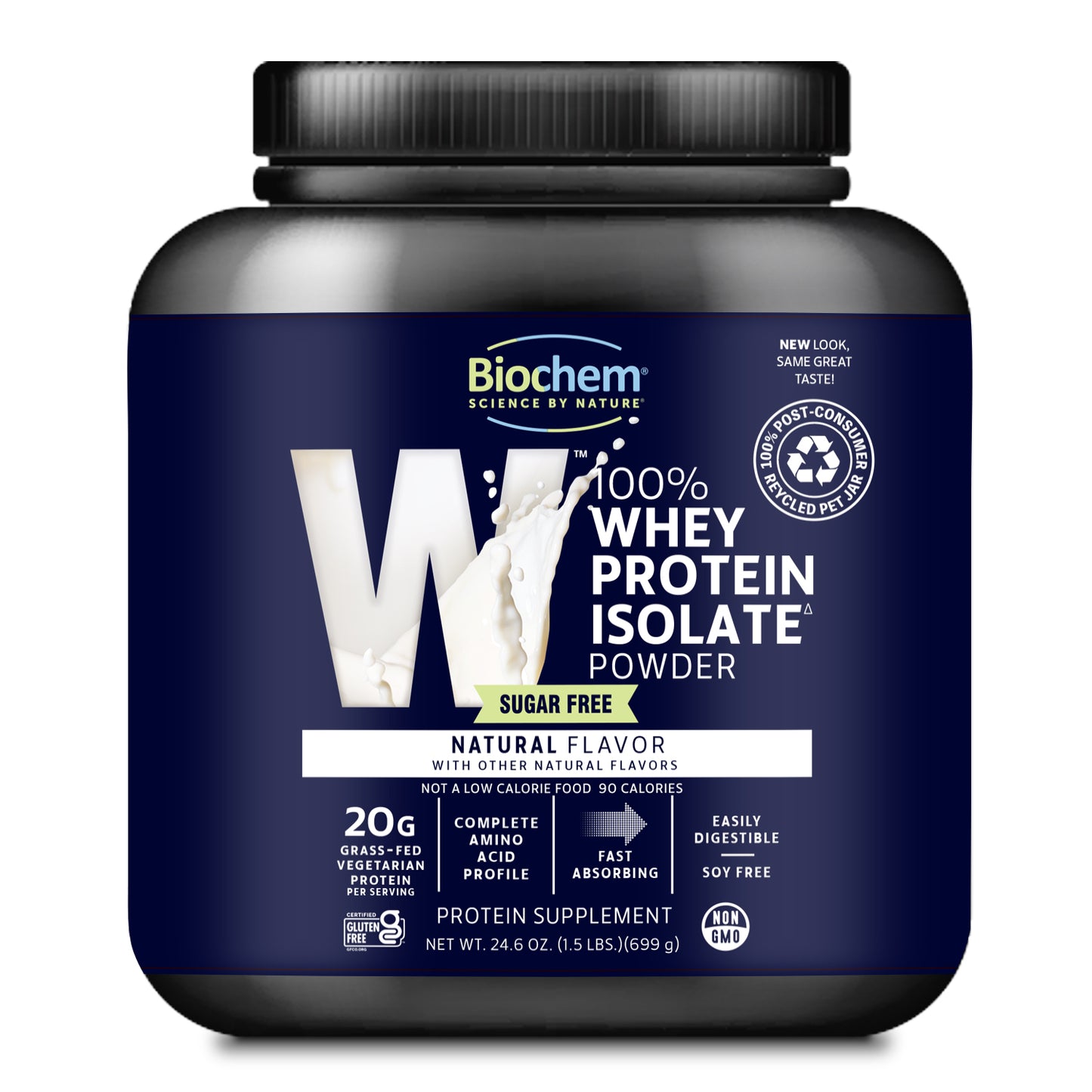 100% sugar free whey protein isolate powder, natural flavor, 24.6 oz. gluten free, non-GMO, 100% PCR packaging.