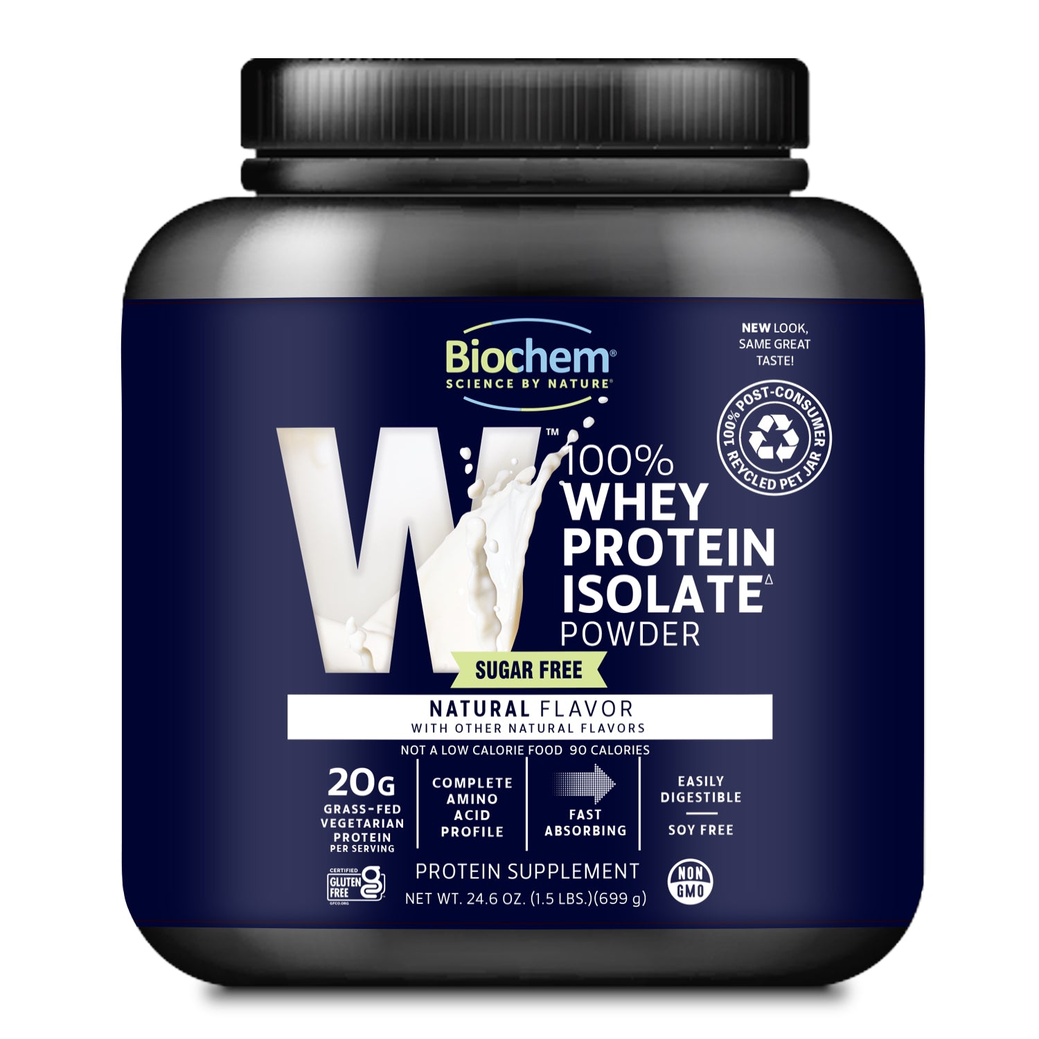 100% sugar free whey protein isolate powder, natural flavor, 24.6 oz. gluten free, non-GMO, 100% PCR packaging.