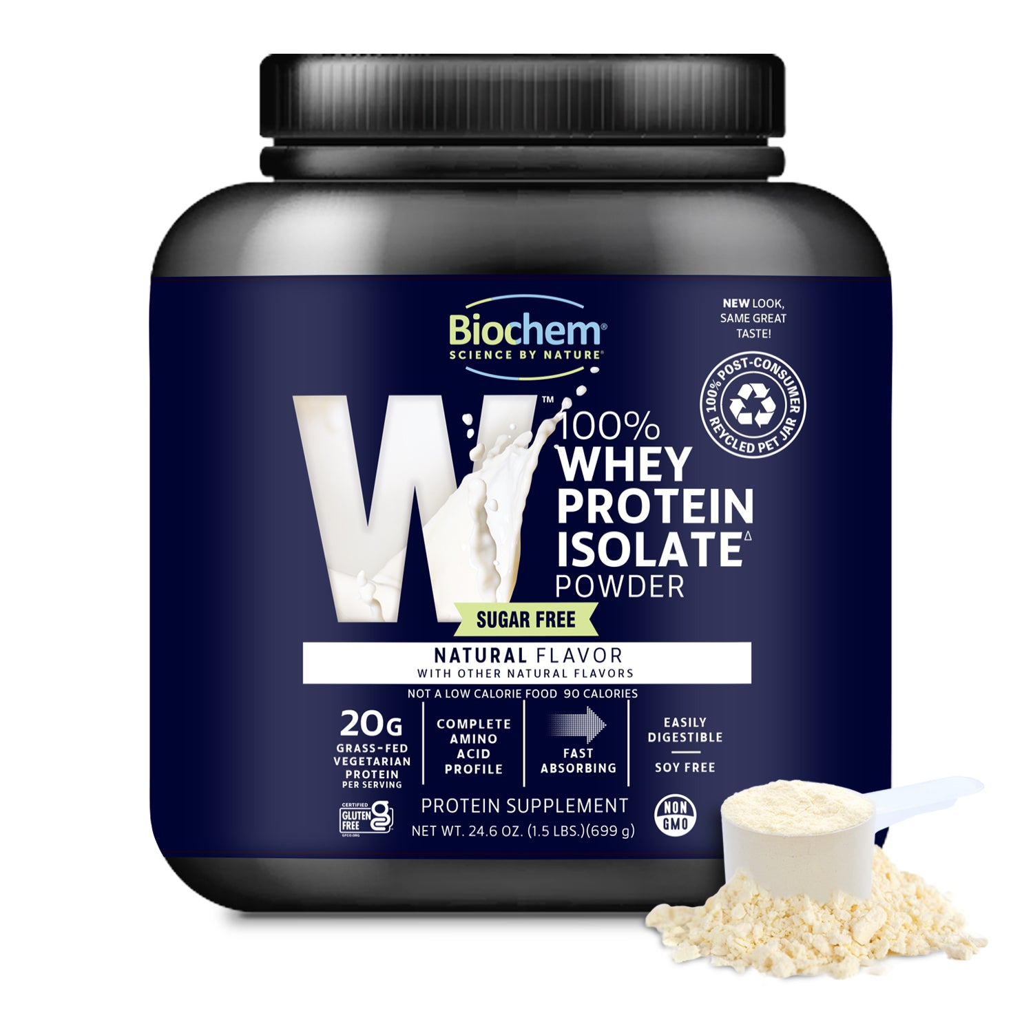 100% sugar free whey protein isolate powder, natural flavor, 24.6 oz. gluten free, non-GMO, 100% PCR packaging, with protein powder scoop